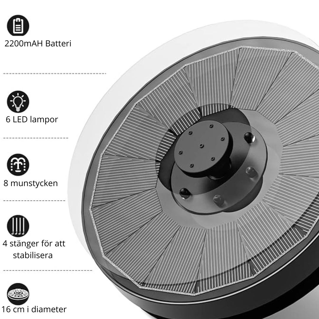 Solcellsdriven Fontän med LED-Belysning